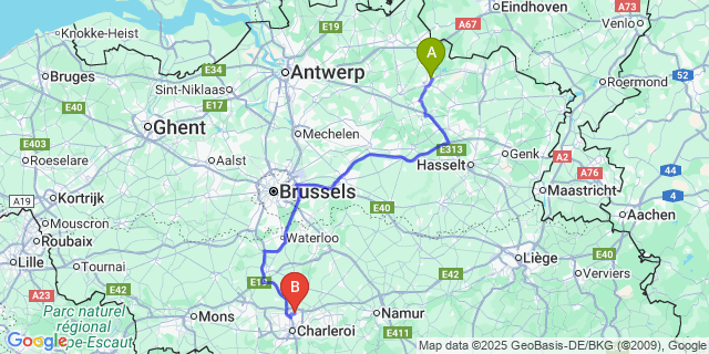 Map: Charleroi Airport Brussels South (CRL) to Ginderbuiten