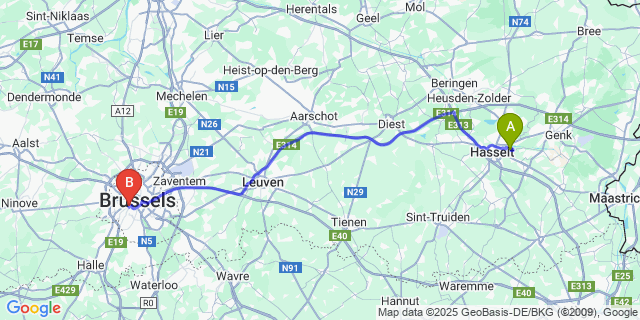 Map: Brussels Midi Train Station to Godsheide