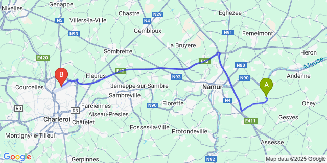 Map: Charleroi Airport Brussels South (CRL) to Goyet