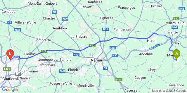 Map: Charleroi Airport Brussels South (CRL) to Grand-Marchin