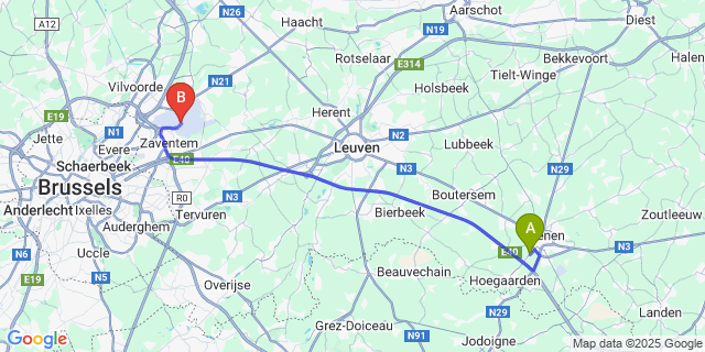 Map: Brussels Zaventem Airport (BRU) to Groot-Overlaar