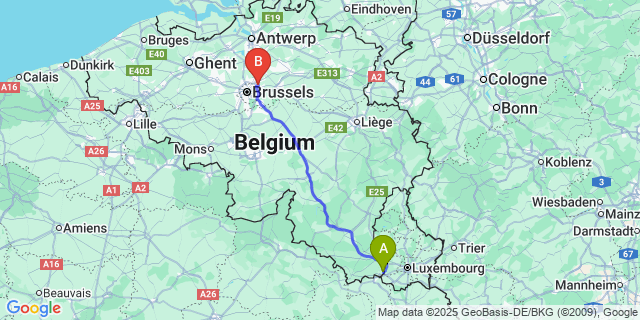 Map: Brussels Zaventem Airport (BRU) to Guerlange