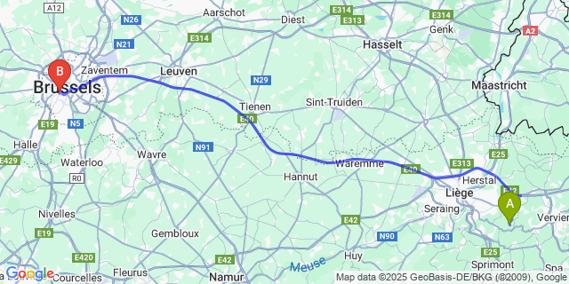 Map: Brussels Midi Train Station to Hansez
