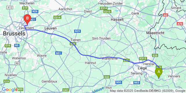 Map: Brussels Zaventem Airport (BRU) to Hansez
