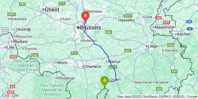 Map: Brussels Zaventem Airport (BRU) to Heer-Agimont