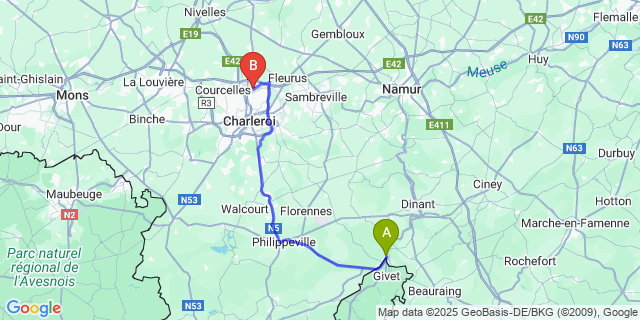 Map: Charleroi Airport Brussels South (CRL) to Heer-Agimont