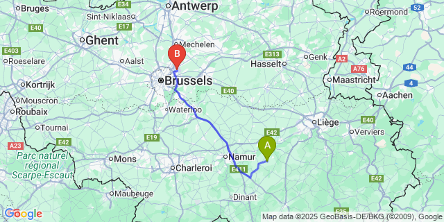 Map: Brussels Zaventem Airport (BRU) to Hodoumont