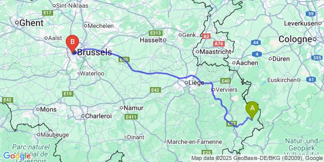 Map: Brussels Midi Train Station to Honsfeld