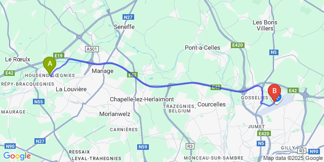 Map: Charleroi Airport Brussels South (CRL) to Houdeng-Goegnies