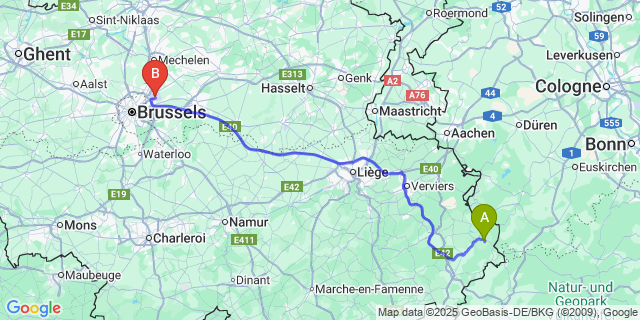 Map: Brussels Zaventem Airport (BRU) to Hunningen