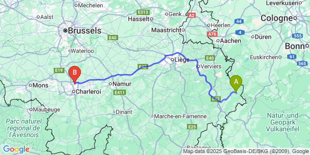 Map: Charleroi Airport Brussels South (CRL) to Hunningen