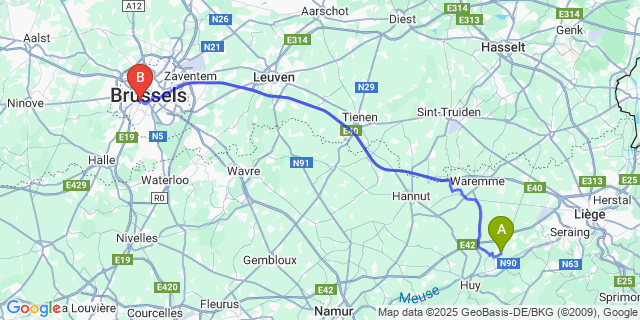Map: Brussels Midi Train Station to Jehay