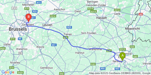 Map: Brussels Zaventem Airport (BRU) to Kinkempois