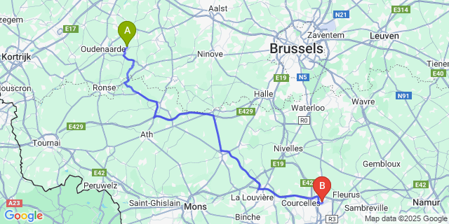 Map: Charleroi Airport Brussels South (CRL) to Korsele