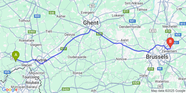 Map: Brussels Zaventem Airport (BRU) to Kruiseke