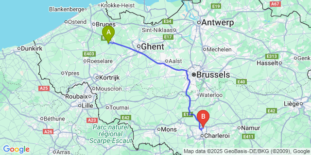 Map: Charleroi Airport Brussels South (CRL) to Kruiskerke