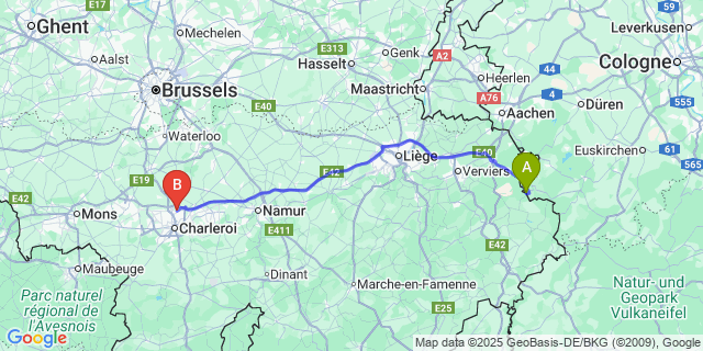 Map: Charleroi Airport Brussels South (CRL) to Kuchelscheid