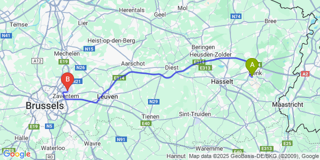 Map: Brussels Zaventem Airport (BRU) to Langerlo