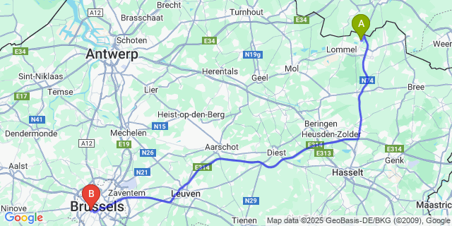 Map: Brussels Midi Train Station to Lommel-Kolonie