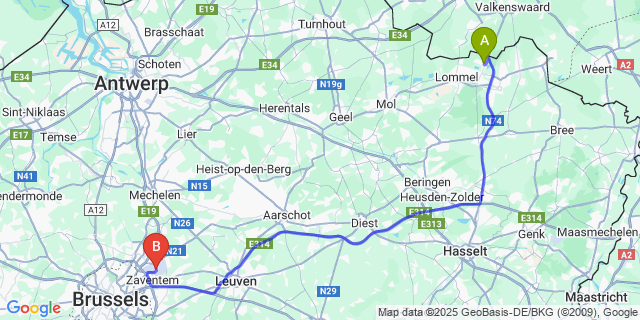 Map: Brussels Zaventem Airport (BRU) to Lommel-Kolonie