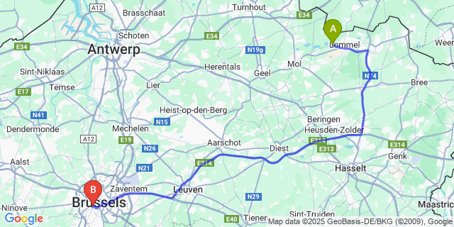 Map: Brussels Midi Train Station to Lommel-Werkplaatsen