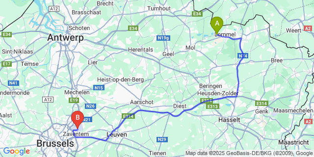 Map: Brussels Zaventem Airport (BRU) to Lommel-Werkplaatsen