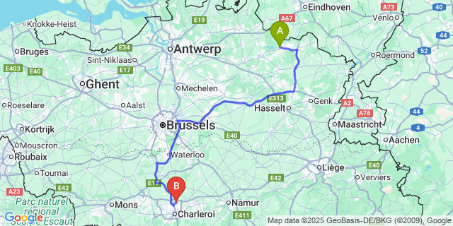 Map: Charleroi Airport Brussels South (CRL) to Lommel-Werkplaatsen
