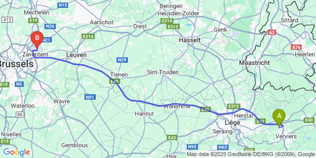 Map: Brussels Zaventem Airport (BRU) to Manaihant