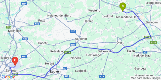 Map: Brussels Zaventem Airport (BRU) to Meerlaar