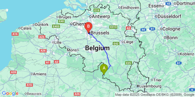 Map: Brussels Midi Train Station to Membre-sur-Semois