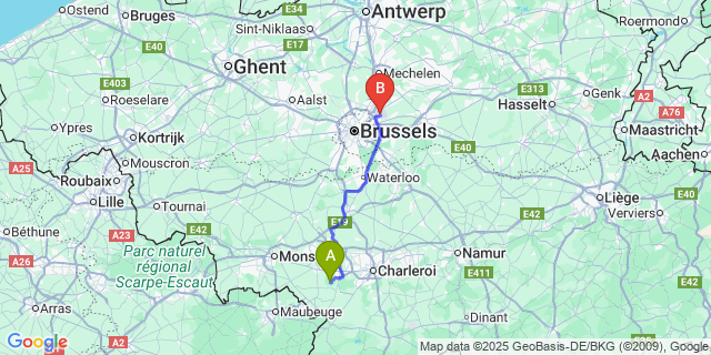 Map: Brussels Zaventem Airport (BRU) to Mont-Sainte-Genevieve