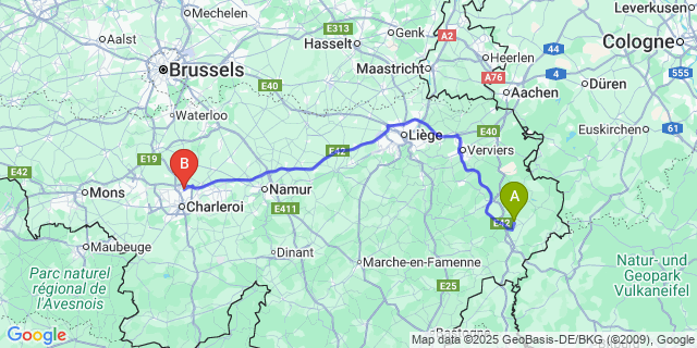 Map: Charleroi Airport Brussels South (CRL) to Montenau