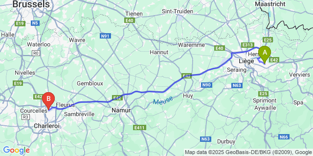 Map: Charleroi Airport Brussels South (CRL) to Moulins-sous-Fleron