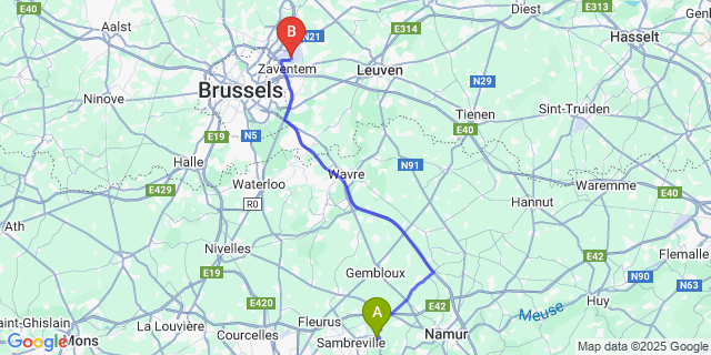Map: Brussels Zaventem Airport (BRU) to Moustier-sur-Sambre