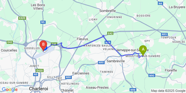 Map: Charleroi Airport Brussels South (CRL) to Moustier-sur-Sambre