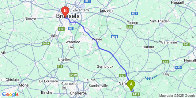 Map: Brussels Midi Train Station to Naninne