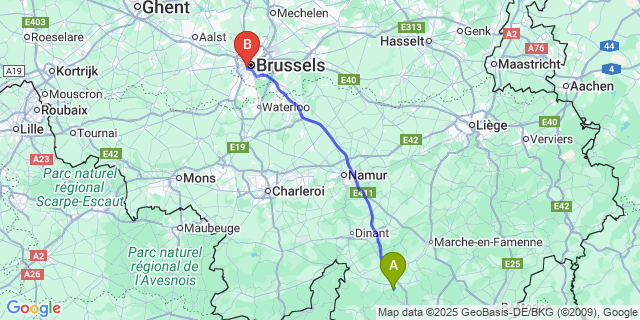 Map: Brussels Midi Train Station to Neupont