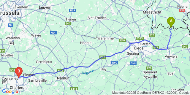 Map: Charleroi Airport Brussels South (CRL) to Nurop