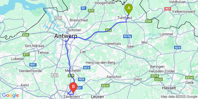 Map: Brussels Zaventem Airport (BRU) to Oosthoven