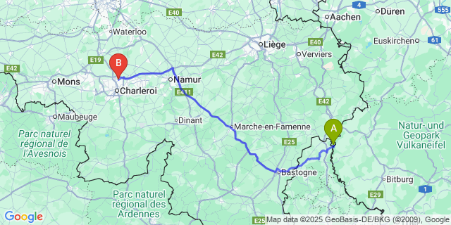 Map: Charleroi Airport Brussels South (CRL) to Ouren