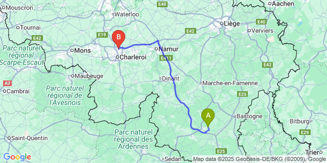 Map: Charleroi Airport Brussels South (CRL) to Ourt
