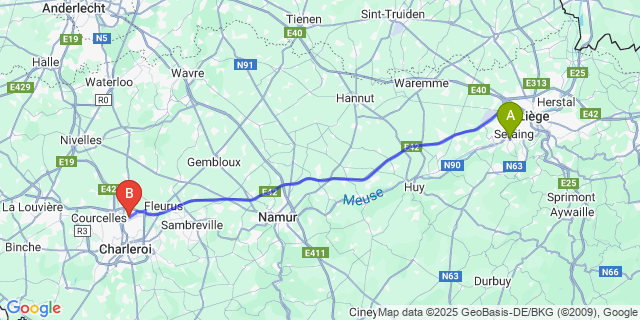 Map: Charleroi Airport Brussels South (CRL) to Pairay