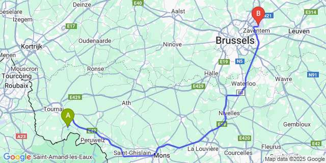 Map: Brussels Zaventem Airport (BRU) to Peronnes-lez-Antoing
