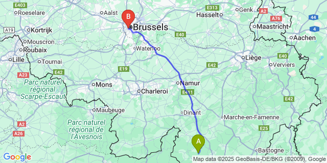 Map: Brussels Midi Train Station to Porcheresse