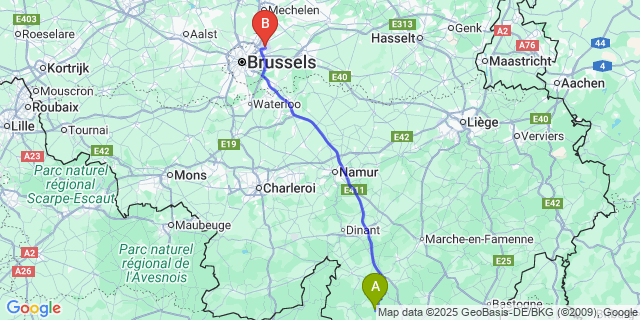 Map: Brussels Zaventem Airport (BRU) to Porcheresse