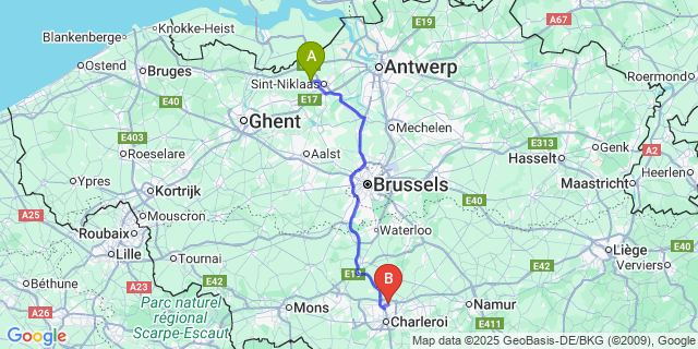 Map: Charleroi Airport Brussels South (CRL) to Puivelde