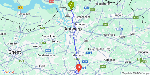 Map: Brussels Zaventem Airport (BRU) to Putte-Kapellen