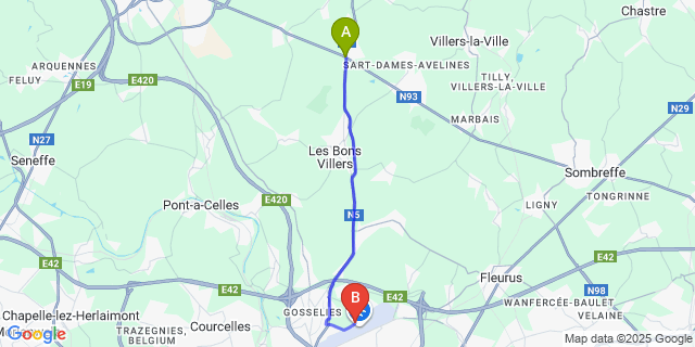 Map: Charleroi Airport Brussels South (CRL) to Quatre Bras