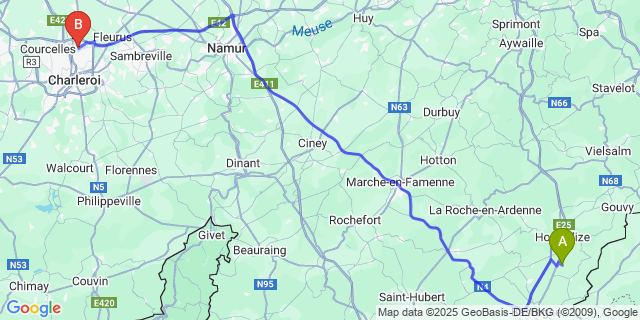 Map: Charleroi Airport Brussels South (CRL) to Rachamps