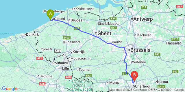 Map: Charleroi Airport Brussels South (CRL) to Raversijde